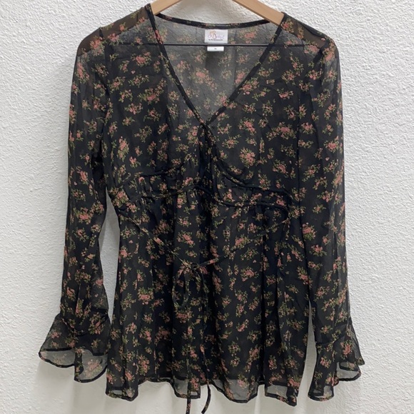Oh Baby by Motherhood Maternity Sheer Floral Rose Blouse | Black & Pink | M - Picture 3 of 9